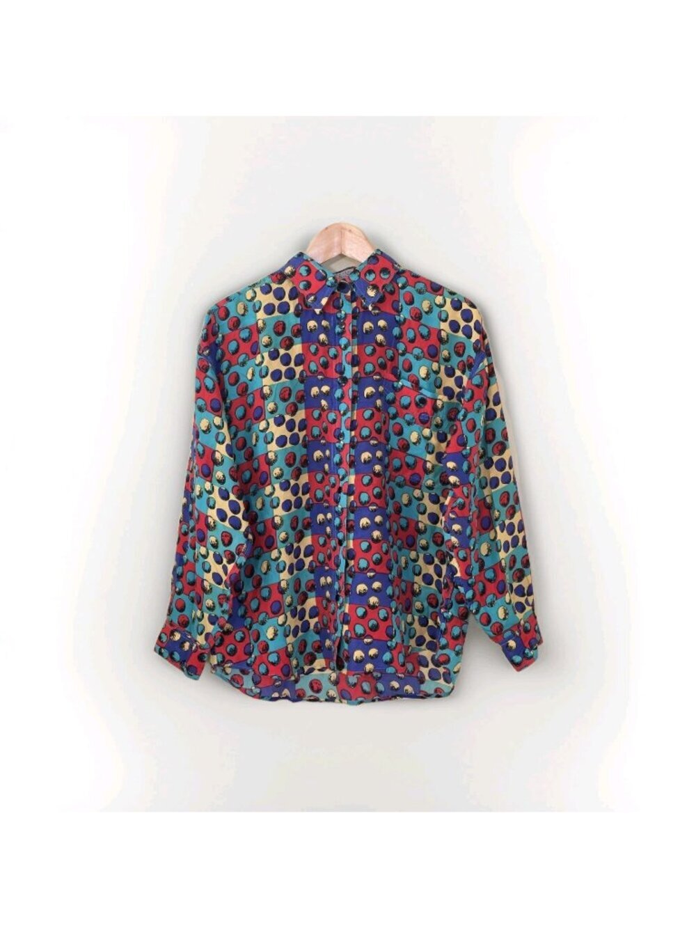 Vtg Careers Eaton Silk Top M Multicolor Polka Dots LS Office Artsy Boho Eclectic